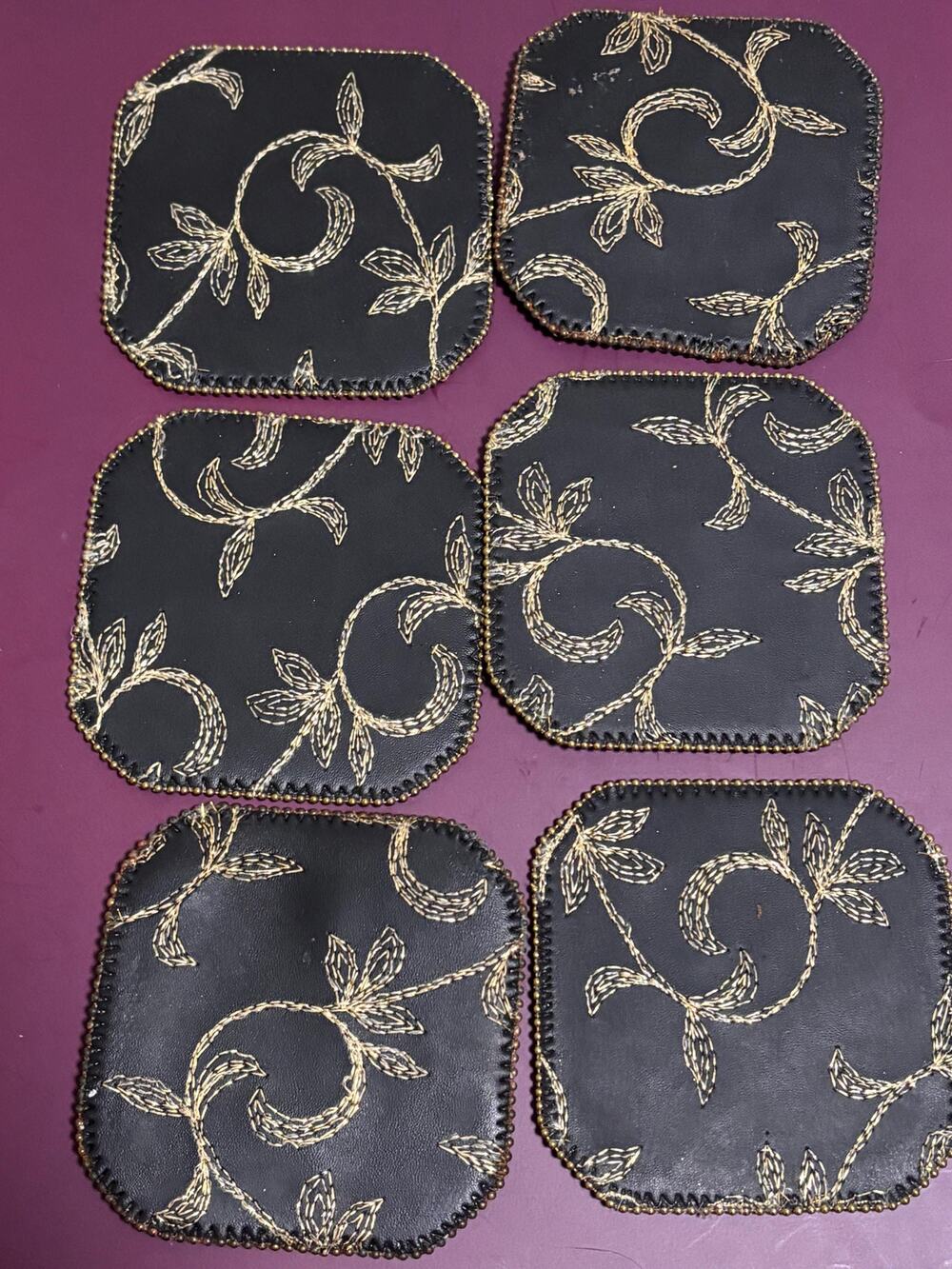 Lot Set of 6 Black Gold Silver Embroidered Coasters